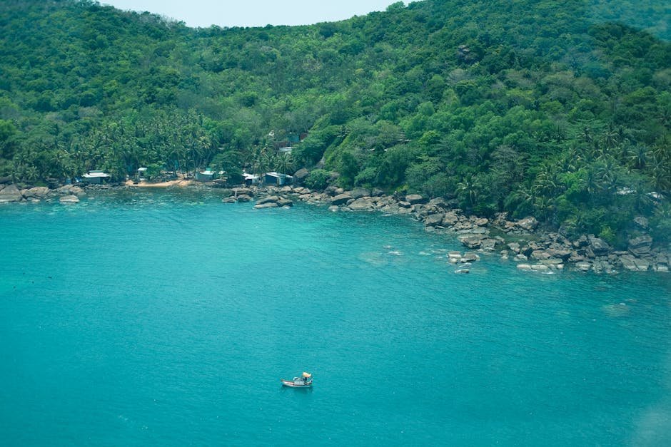 Vue aerienne de la cote tropicale de Phu Quoc avec foret et ocean